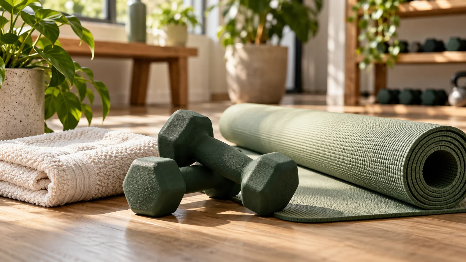 Mancuernas verdes, una esterilla y una toalla en un espacio de entrenamiento luminoso.