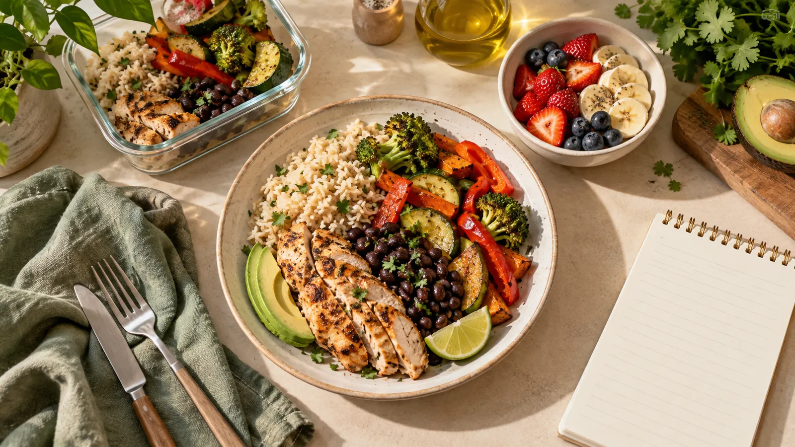 Comida casera con arroz, frijoles, pollo y vegetales junto a fruta y un recipiente de preparación.