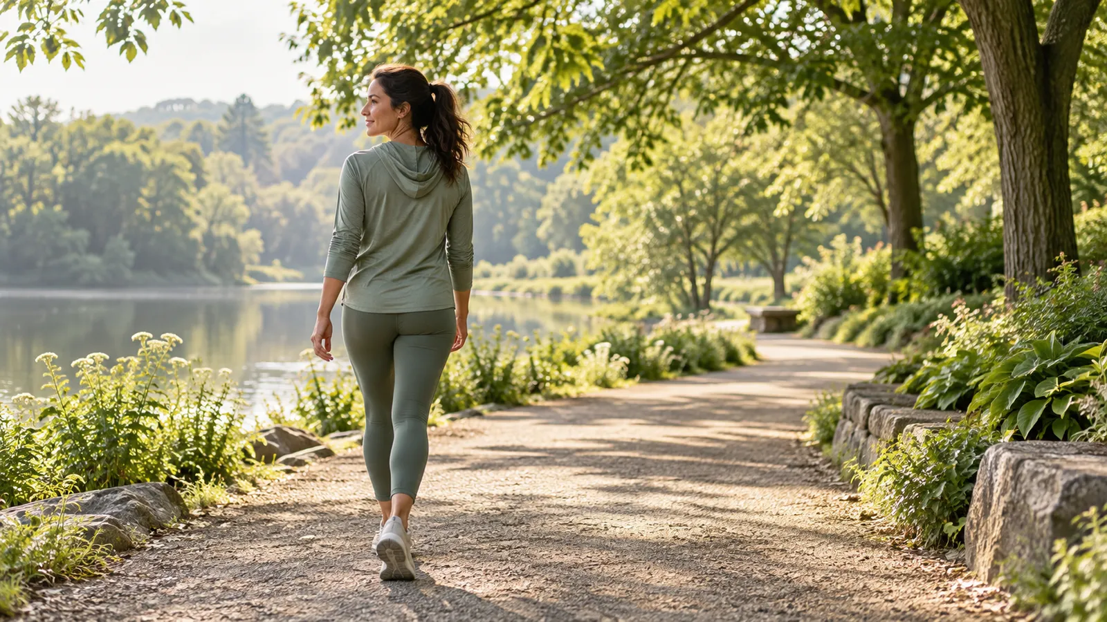 Una mujer con ropa deportiva verde camina por un sendero arbolado junto al agua.